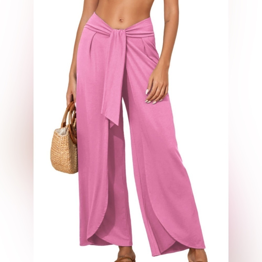 Pink Knotted Drop Waist Split Leg Wide-Leg Pants